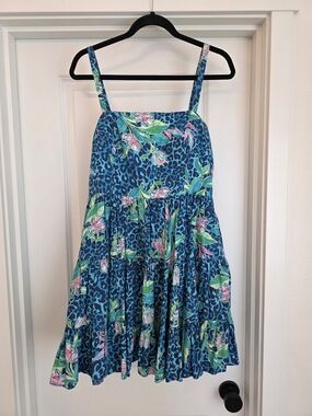Lilly Pulitzer Teal Floral Leopard Print Tiered Mini Dress